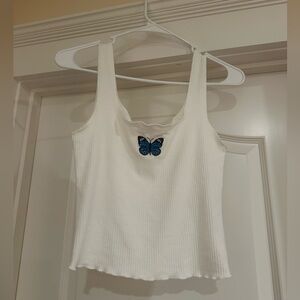 White Ribbed Tank Top with Butterfly Detail